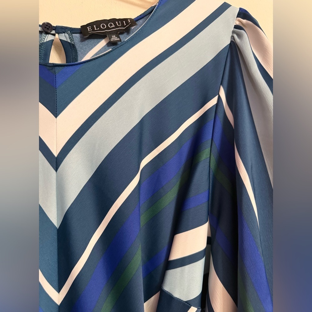 Eloquii Navy Blue White Green Striped Chevron Tie Waist Midi Dress size 20 - Picture 3 of 4